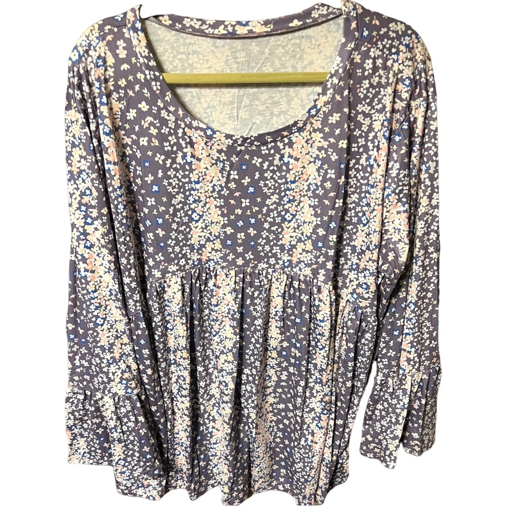 NWOT flair sleeves Baby Doll top with French lilac floral print, Sz 3X Imported